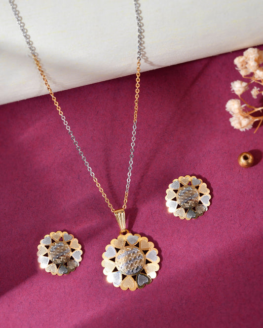 VOJ White and Yellow Gold-Polished Chain With Flower shaped Pandent And Flower shaped Earrings