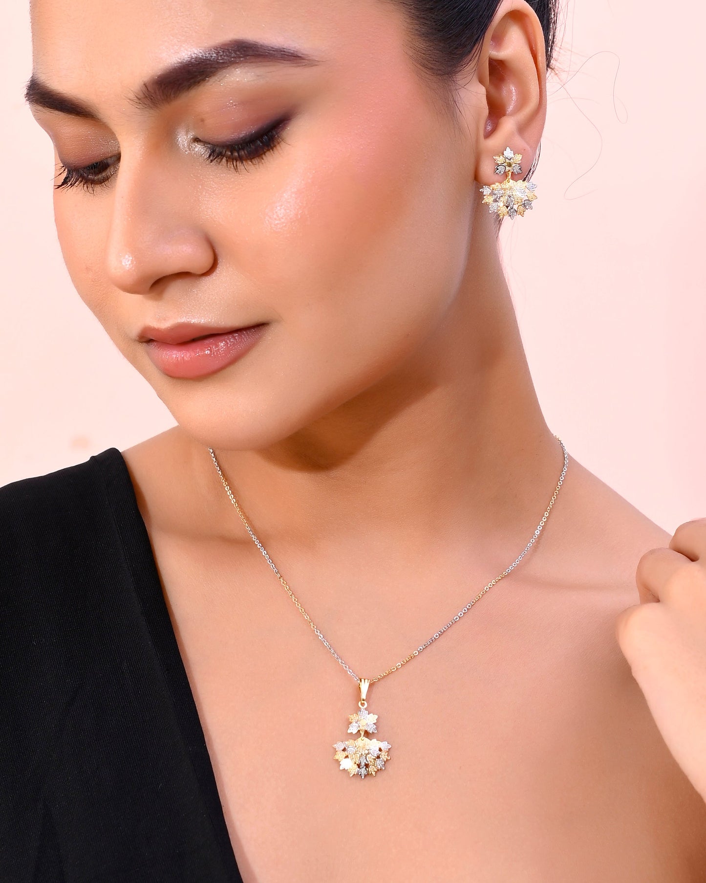 VOJ White and Yellow Gold-Polished Chain With Leaf shaped Pandent And Leaf shaped Earrings
