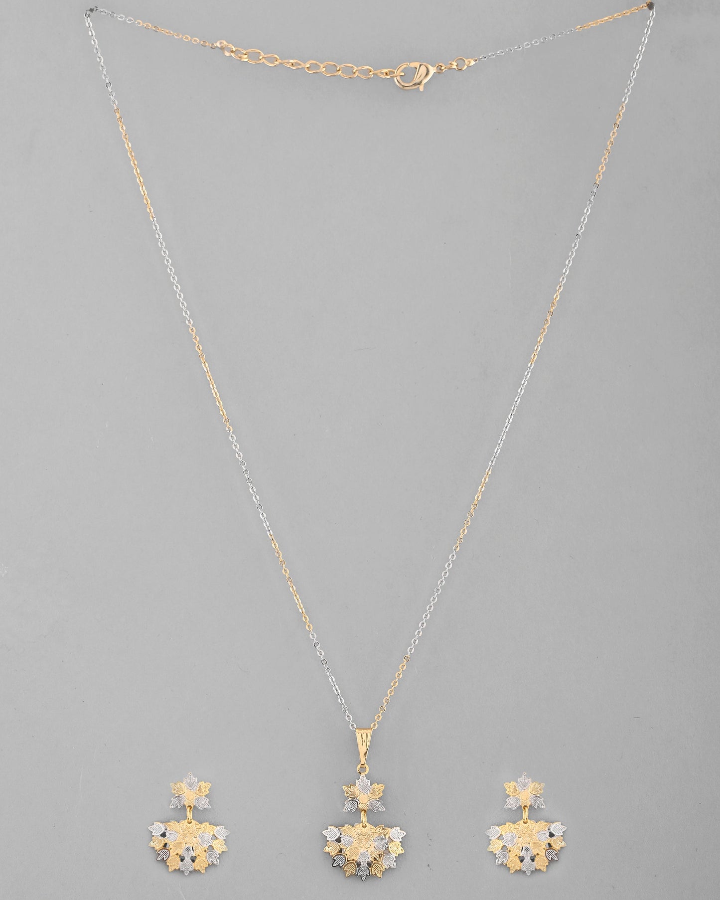VOJ White and Yellow Gold-Polished Chain With Leaf shaped Pandent And Leaf shaped Earrings