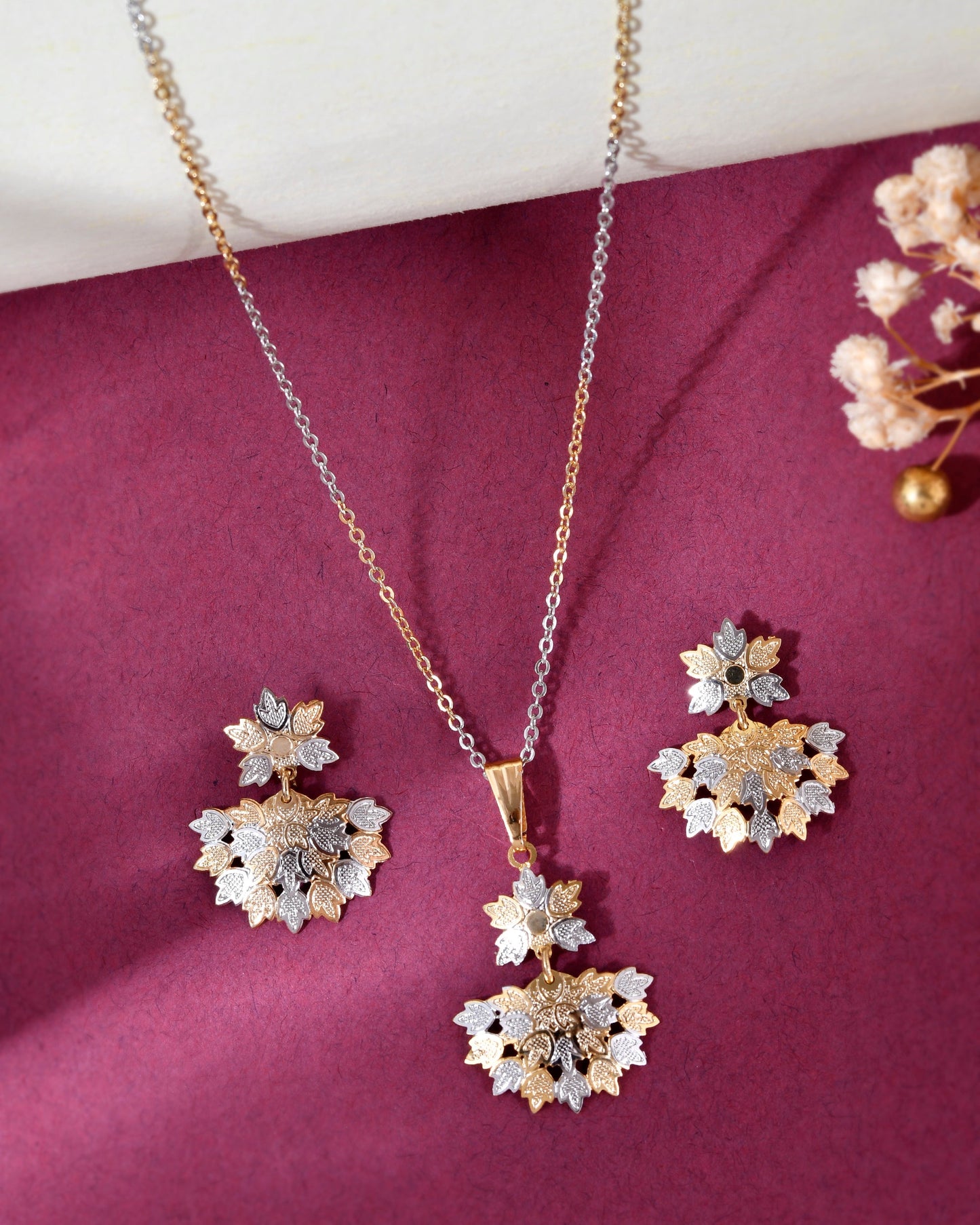VOJ White and Yellow Gold-Polished Chain With Leaf shaped Pandent And Leaf shaped Earrings