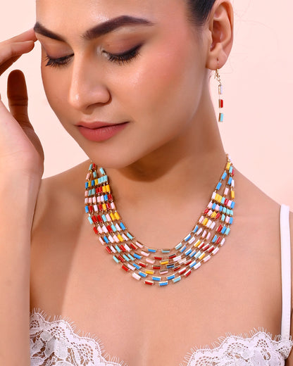 VOJ Multi Coloured Long Necklace With Earrings Set