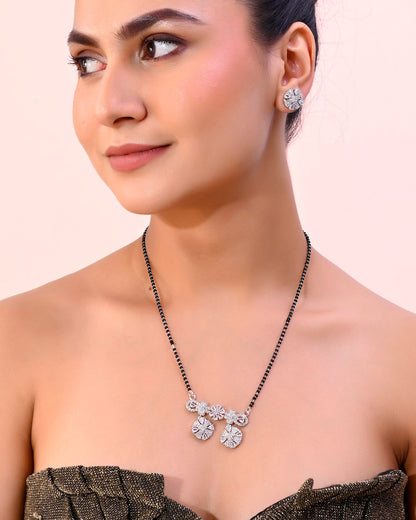 VOJ Silver-Plated Black Beaded & AD Studded Chain Mangalsutra Set