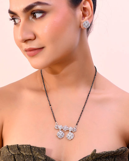 VOJ Silver-Plated Black Beaded & AD Studded Chain Mangalsutra Set