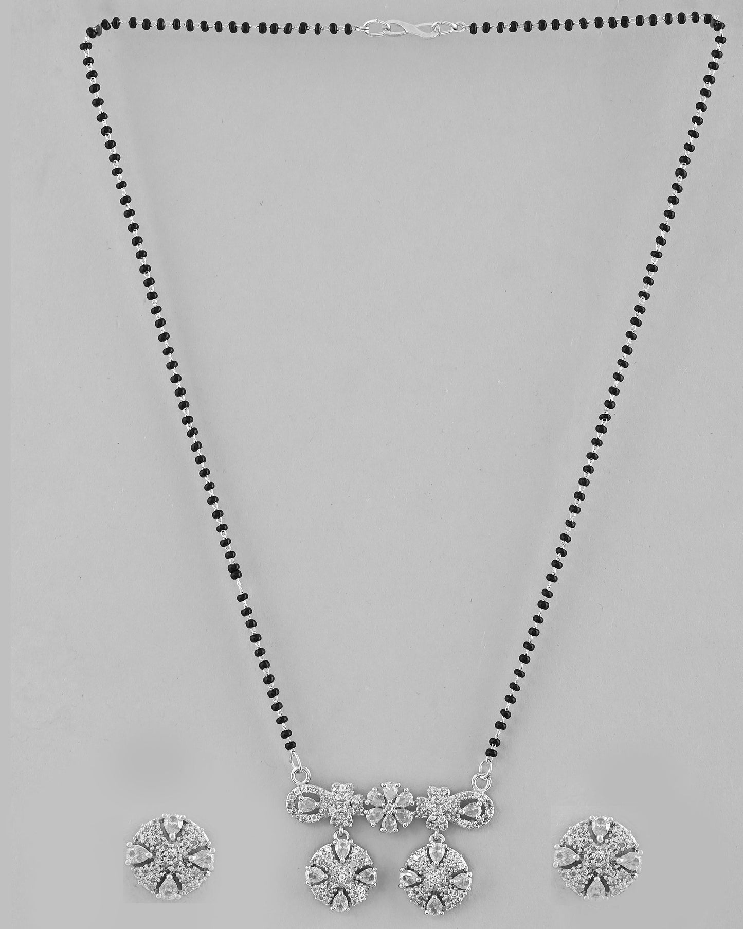 VOJ Silver-Plated Black Beaded & AD Studded Chain Mangalsutra Set