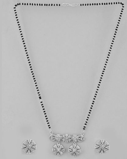 VOJ Silver-Plated Black Beaded & AD Studded Chain Mangalsutra Set