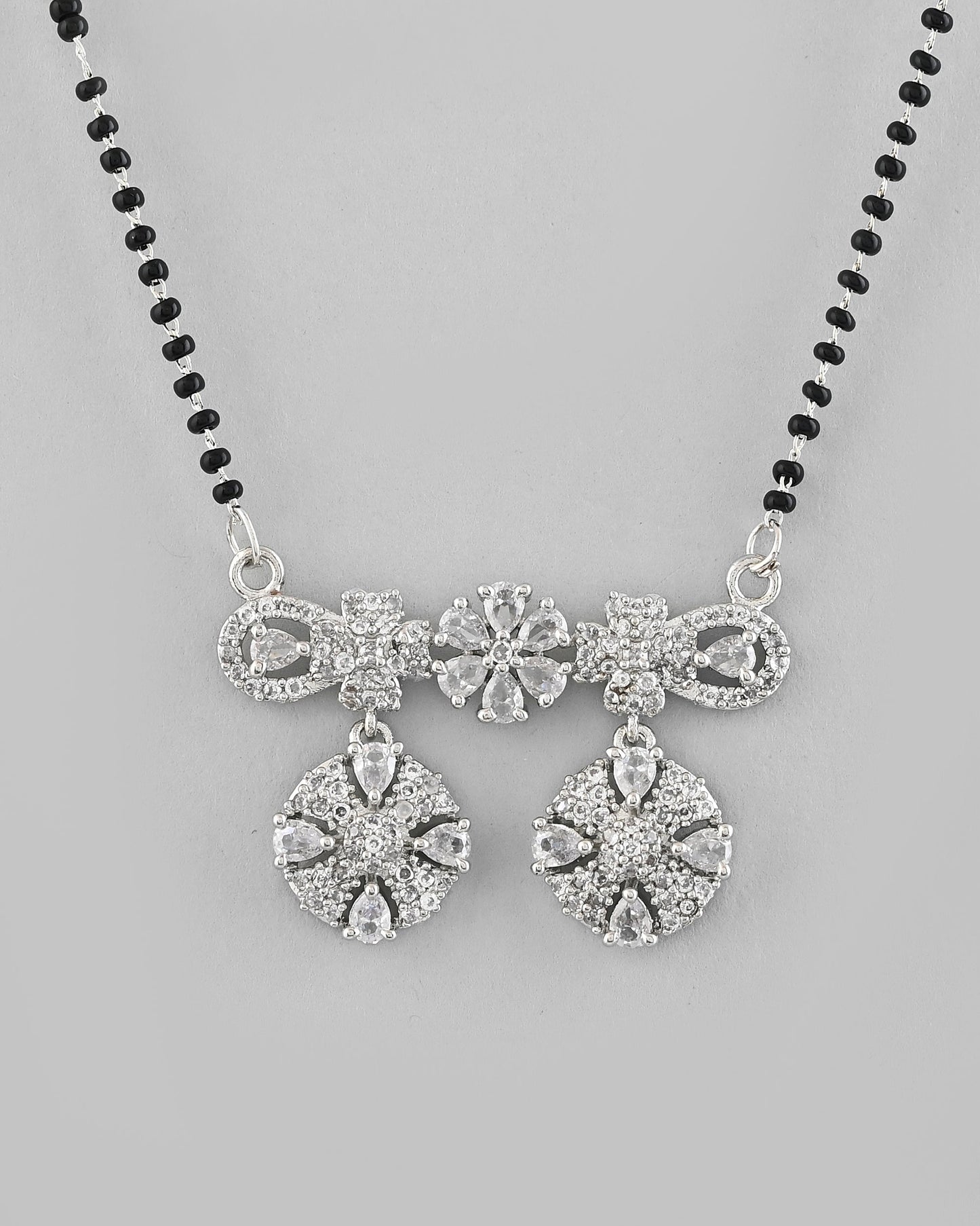VOJ Silver-Plated Black Beaded & AD Studded Chain Mangalsutra Set
