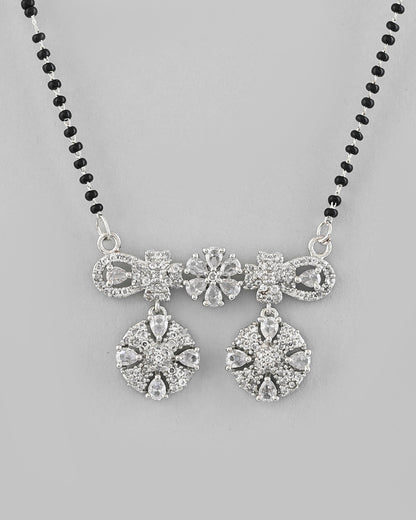 VOJ Silver-Plated Black Beaded & AD Studded Chain Mangalsutra Set