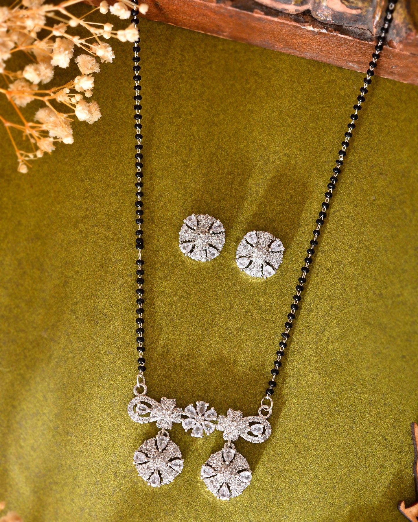 VOJ Silver-Plated Black Beaded & AD Studded Chain Mangalsutra Set