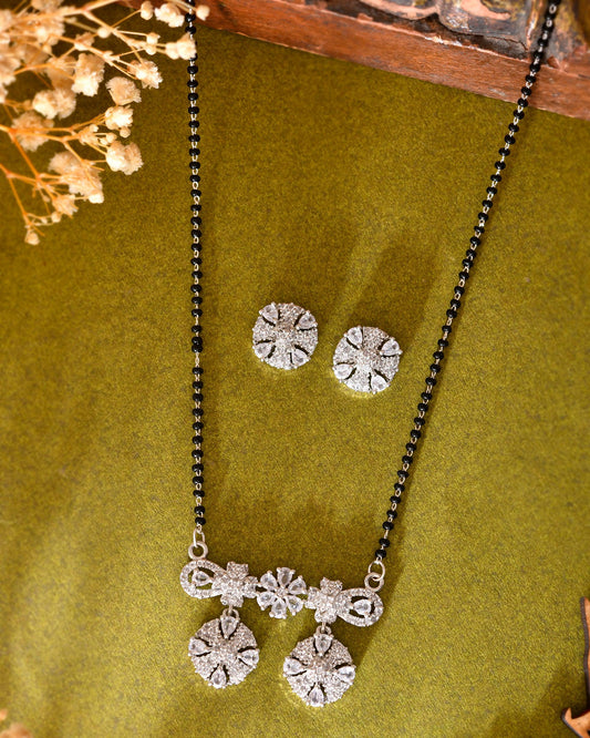 VOJ Silver-Plated Black Beaded & AD Studded Chain Mangalsutra Set