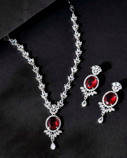 VOJ Silver-Plated White And Maroon Colour AD-Studded Jewellery Set