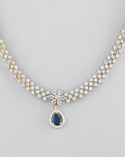 VOJ Gold-Polished White And Blue Colour AD-Studded Jewellery Set