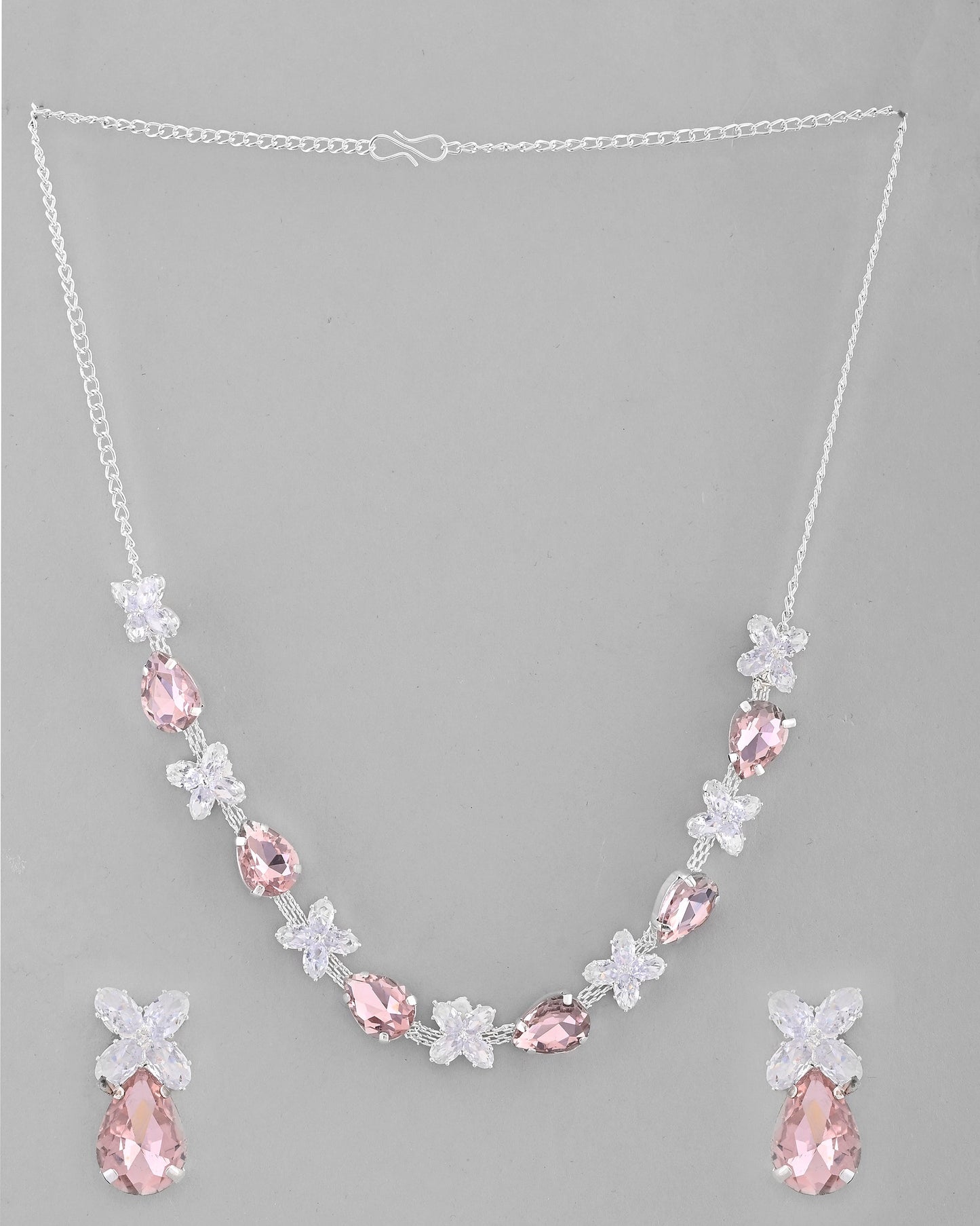 VOJ Silver Plated Pink And White Stone Studded Necklace with Earrings Set