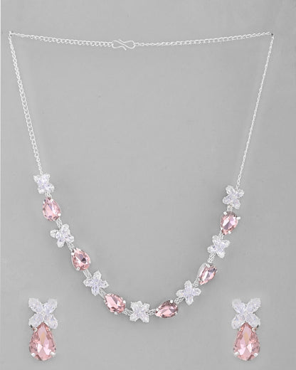VOJ Silver Plated Pink And White Stone Studded Necklace with Earrings Set