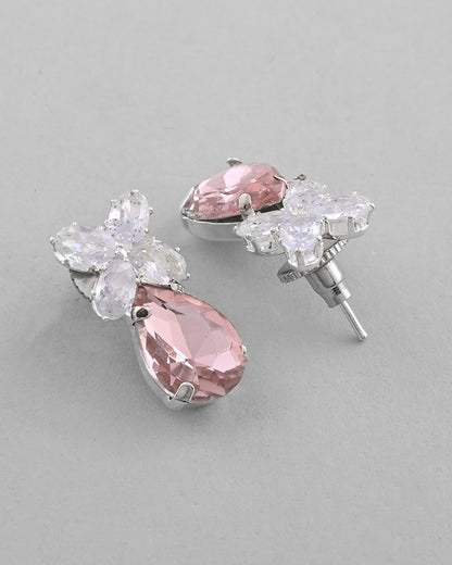 VOJ Silver Plated Pink And White Stone Studded Necklace with Earrings Set
