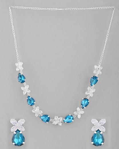 VOJ Silver Plated Blue And White Stone Studded Necklace with Earrings Set