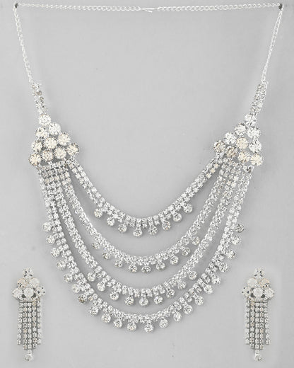 VOJ Silver Plated Stone Studded Multi Layer Jewellery Set