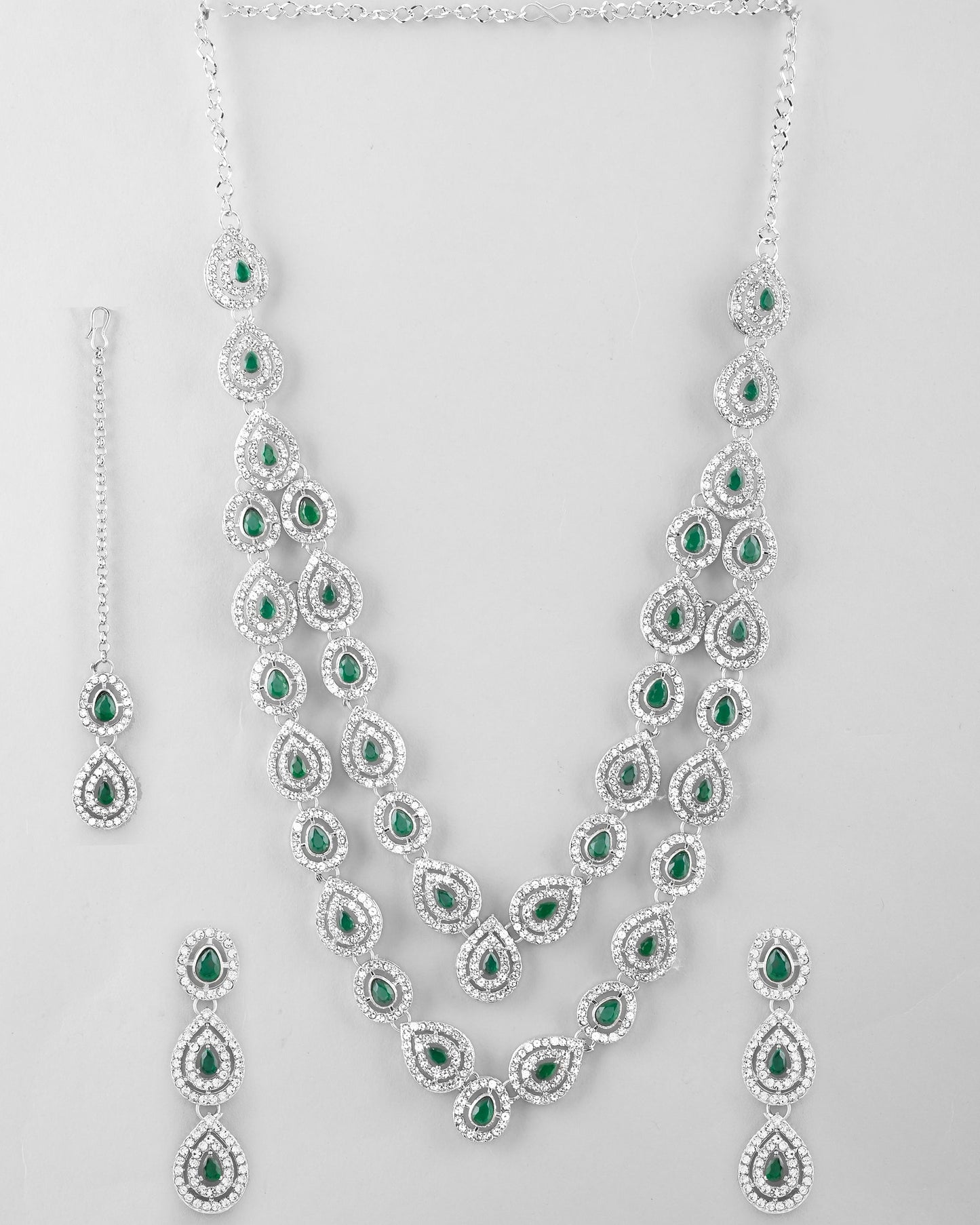 VOJ AD Studded with White and Green Stone Layered Jewellery Set