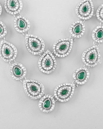 VOJ AD Studded with White and Green Stone Layered Jewellery Set