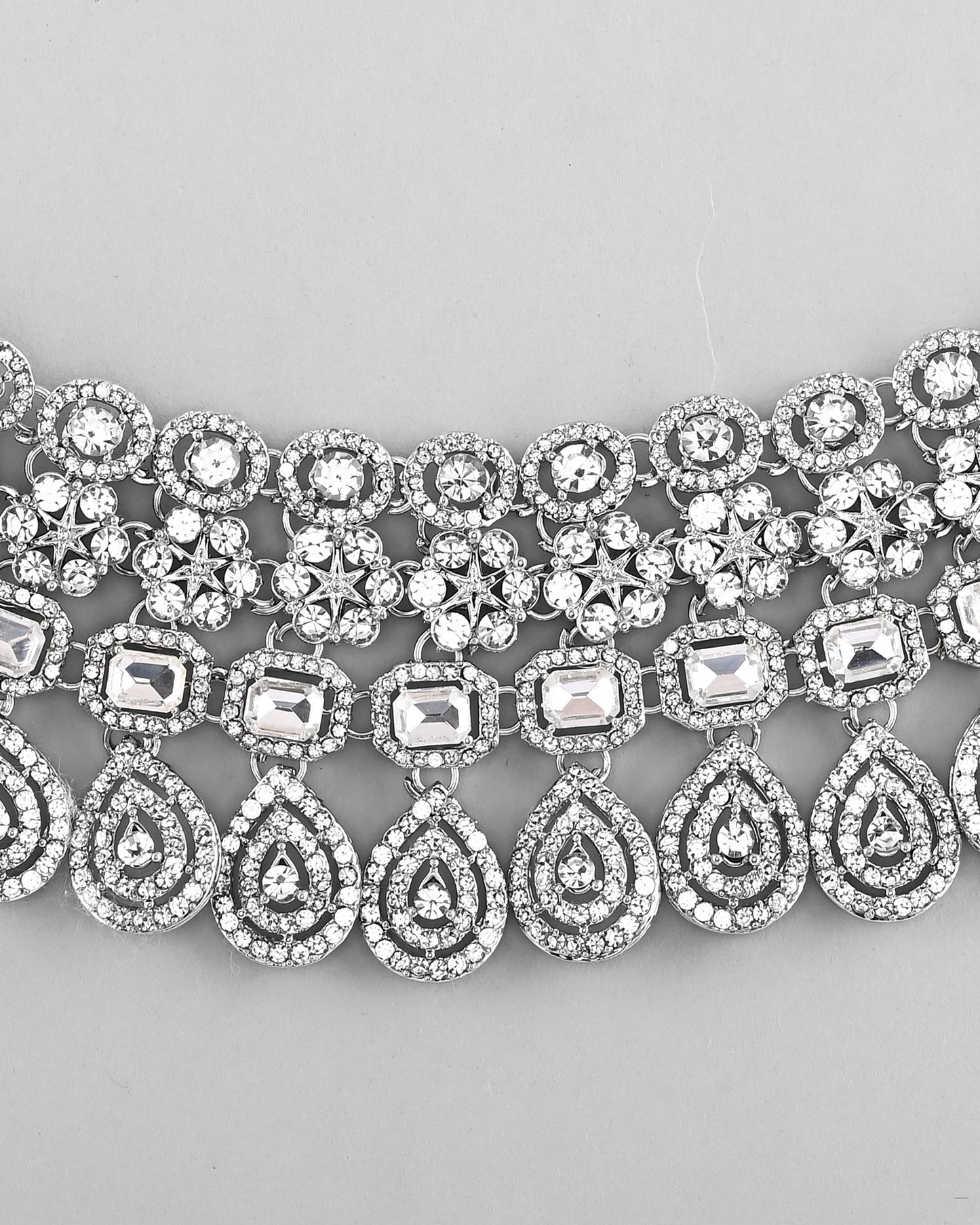 VOJ Silver Plated AD Studded Necklace With Earrings And Mangtikka Set