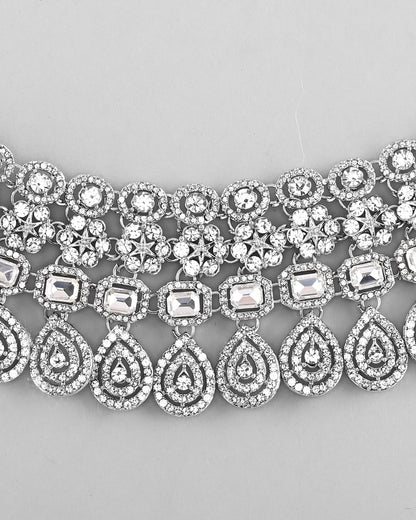 VOJ Silver Plated AD Studded Necklace With Earrings And Mangtikka Set
