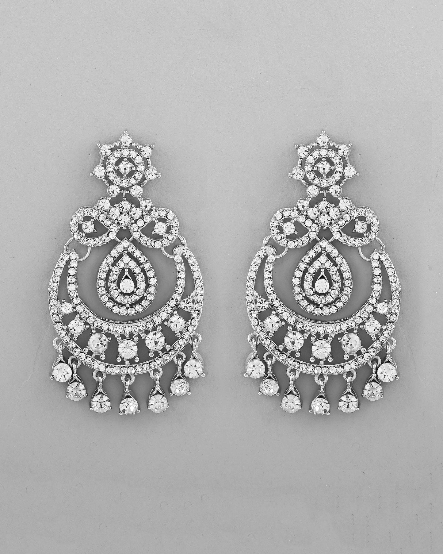 VOJ Silver Plated AD Studded Necklace With Earrings And Mangtikka Set