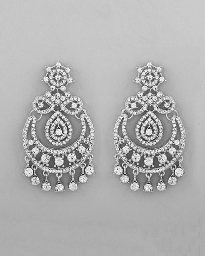 VOJ Silver Plated AD Studded Necklace With Earrings And Mangtikka Set
