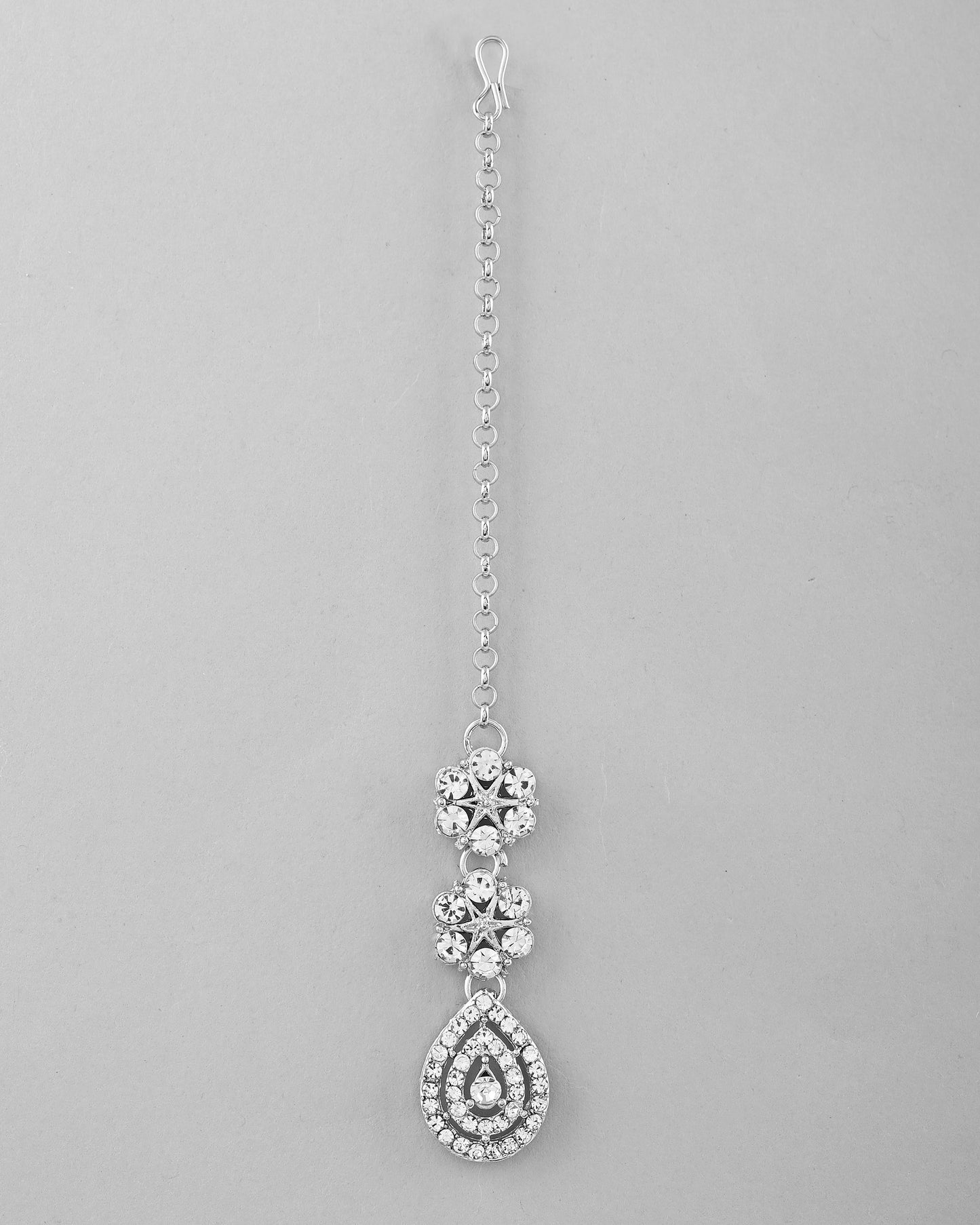 VOJ Silver Plated AD Studded Necklace With Earrings And Mangtikka Set