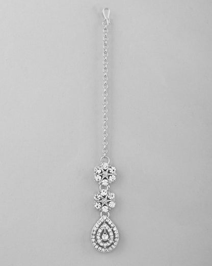 VOJ Silver Plated AD Studded Necklace With Earrings And Mangtikka Set