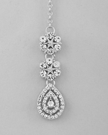 VOJ Silver Plated AD Studded Necklace With Earrings And Mangtikka Set