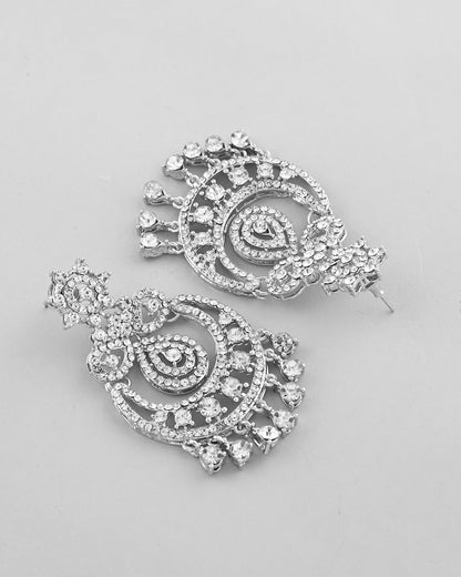 VOJ Silver Plated AD Studded Necklace With Earrings And Mangtikka Set