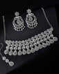 VOJ Silver Plated AD Studded Necklace With Earrings And Mangtikka Set