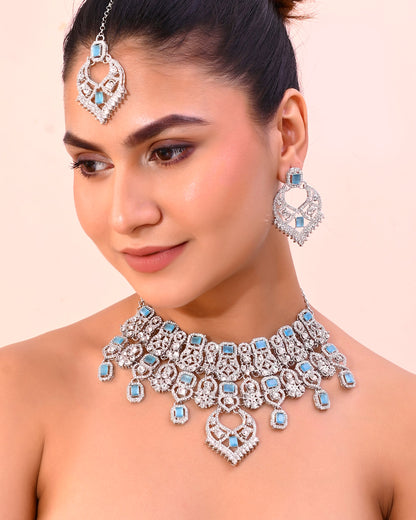 VOJ Silver Plated Designer AD Studded Necklace With Earrings And Mangtikka
