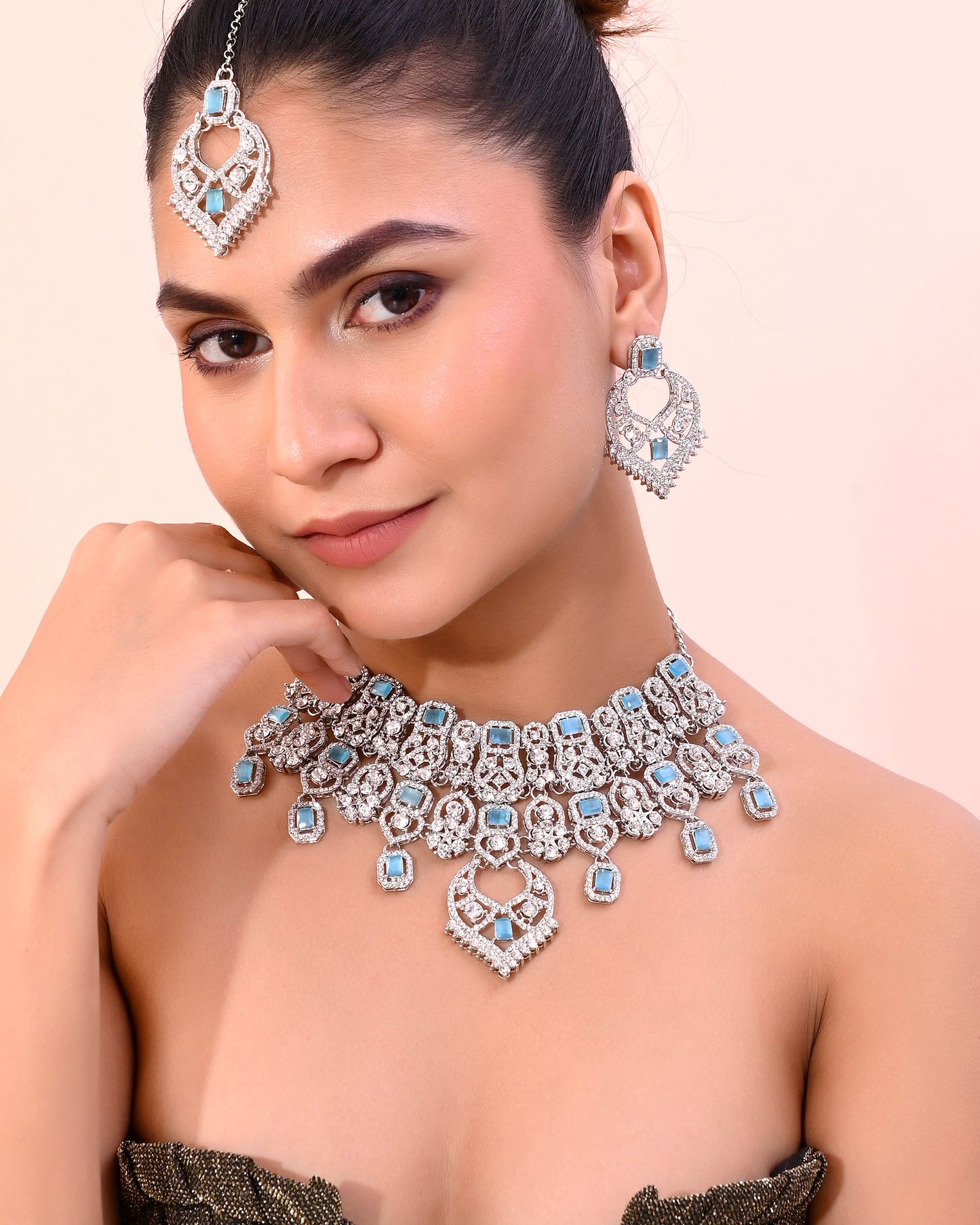 VOJ Silver Plated Designer AD Studded Necklace With Earrings And Mangtikka