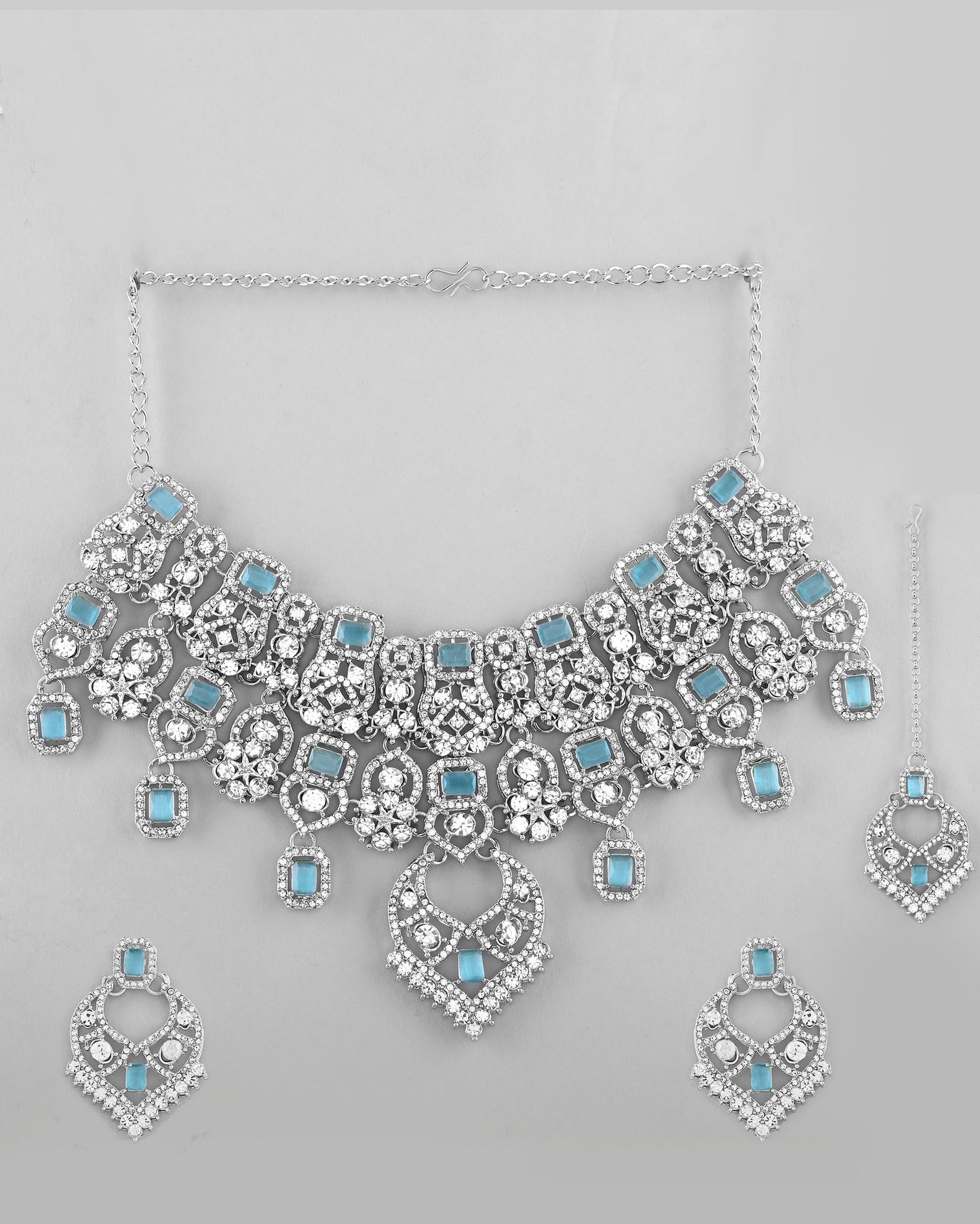 VOJ Silver Plated Designer AD Studded Necklace With Earrings And Mangtikka