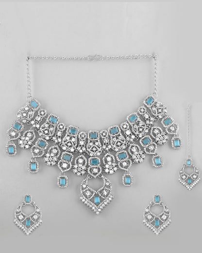 VOJ Silver Plated Designer AD Studded Necklace With Earrings And Mangtikka