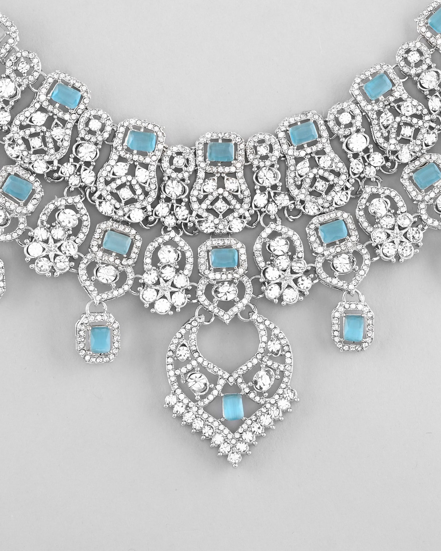 VOJ Silver Plated Designer AD Studded Necklace With Earrings And Mangtikka