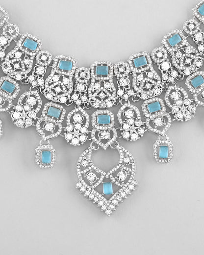 VOJ Silver Plated Designer AD Studded Necklace With Earrings And Mangtikka