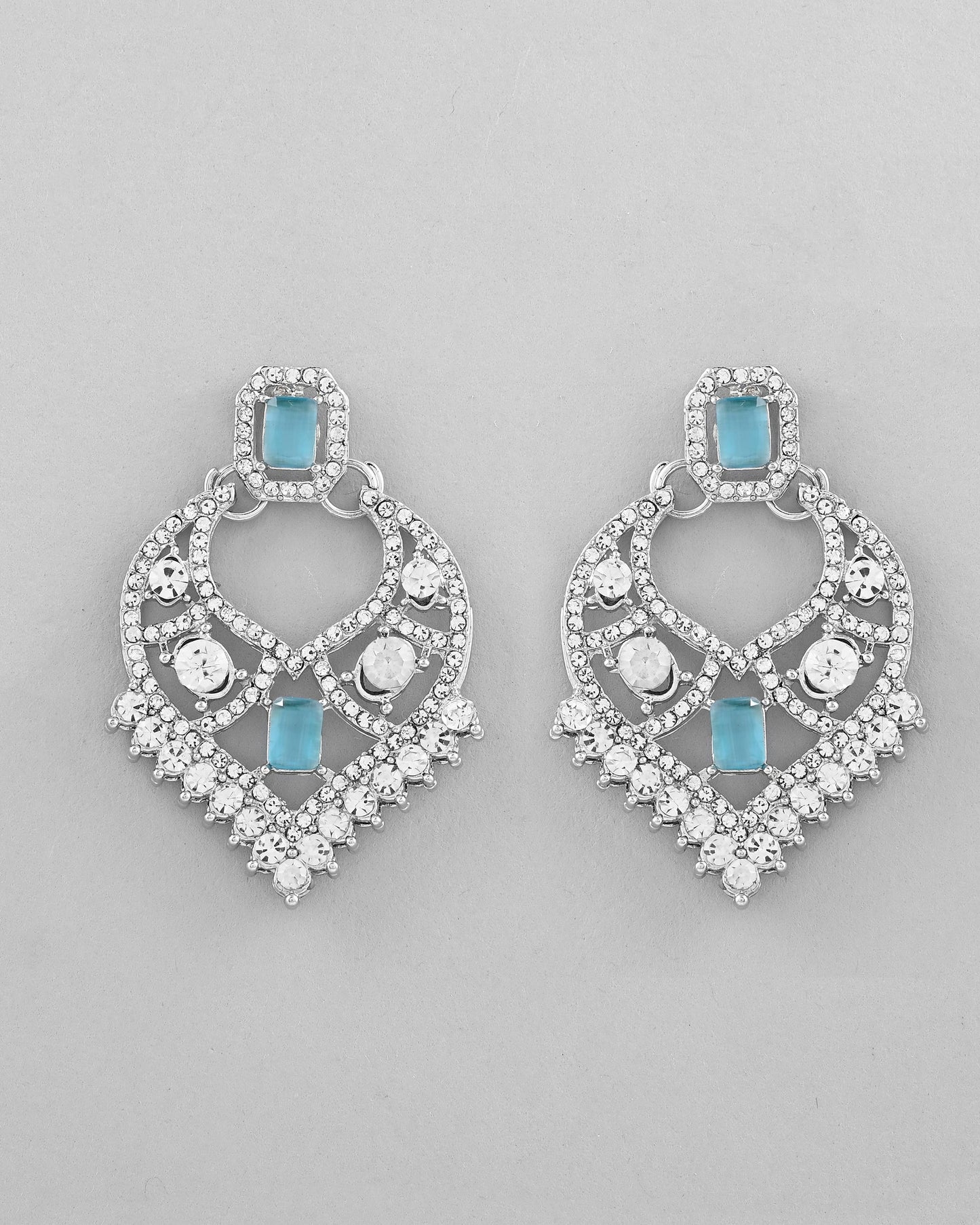 VOJ Silver Plated Designer AD Studded Necklace With Earrings And Mangtikka
