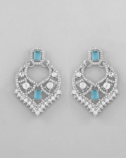 VOJ Silver Plated Designer AD Studded Necklace With Earrings And Mangtikka