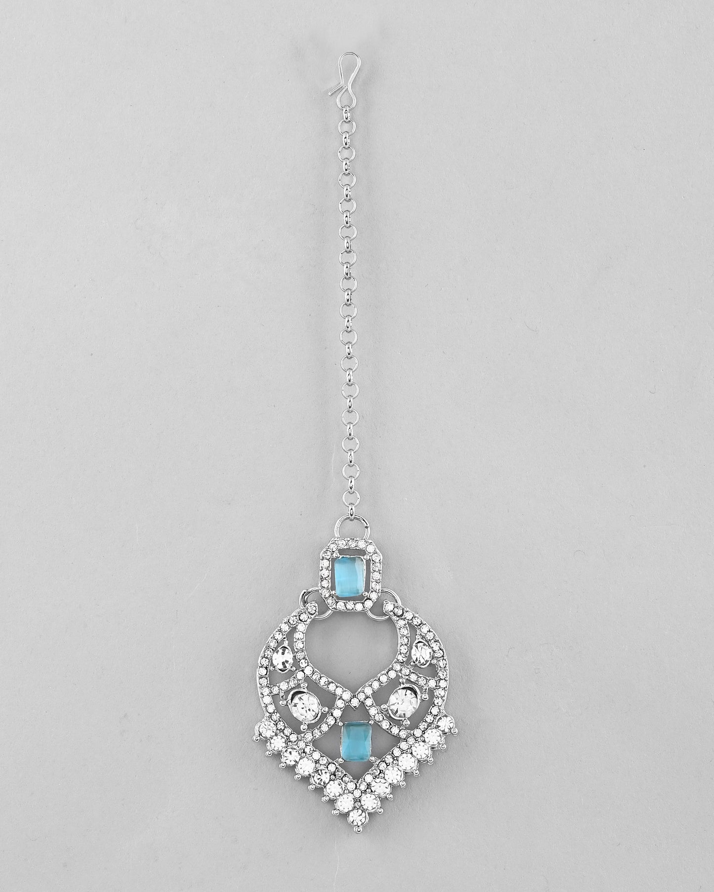 VOJ Silver Plated Designer AD Studded Necklace With Earrings And Mangtikka