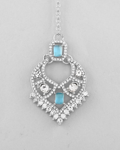 VOJ Silver Plated Designer AD Studded Necklace With Earrings And Mangtikka