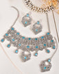 VOJ Silver Plated Designer AD Studded Necklace With Earrings And Mangtikka