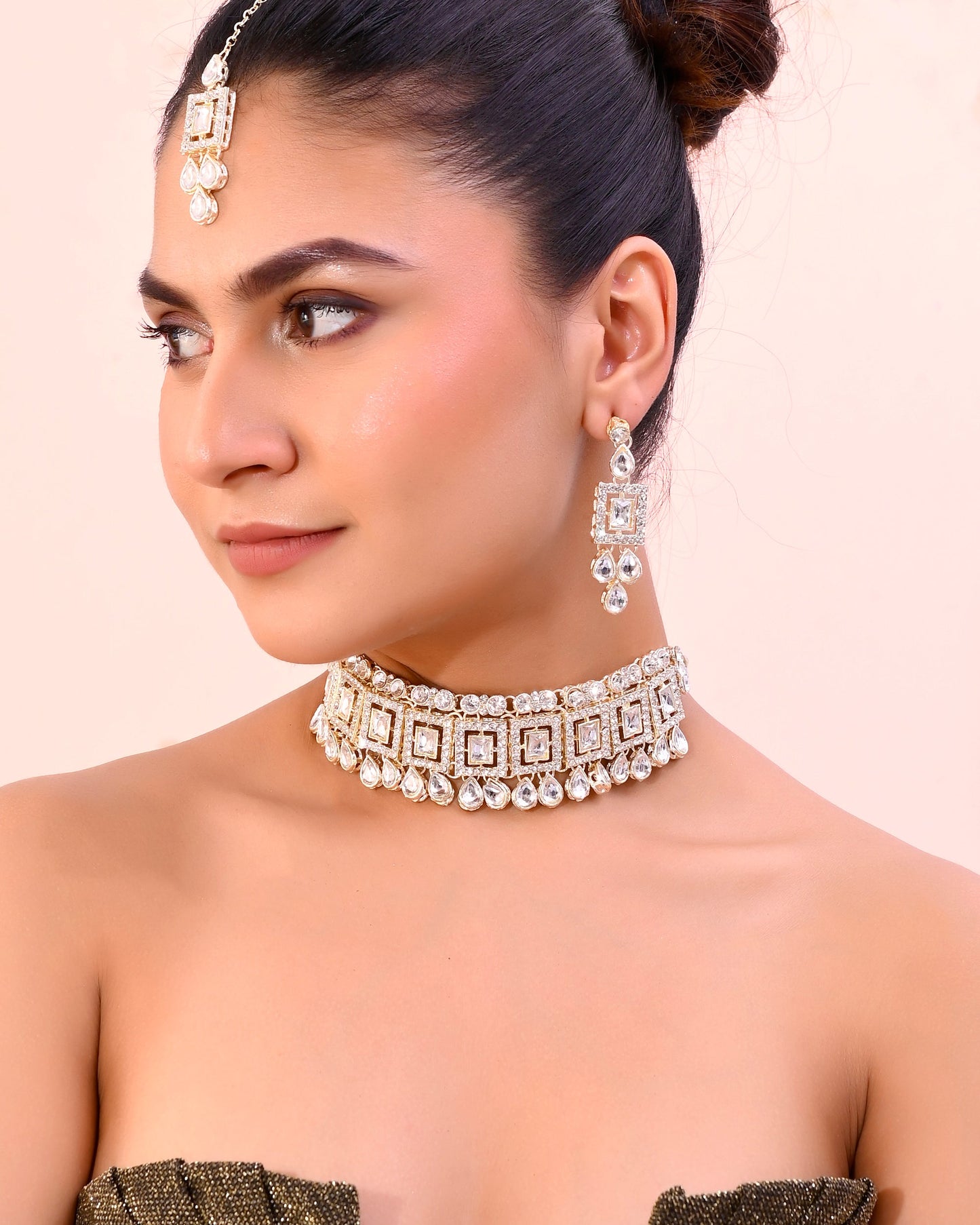 VOJ Silver Plated Stone Studded Designer Necklace With Earrings And Mangtikka