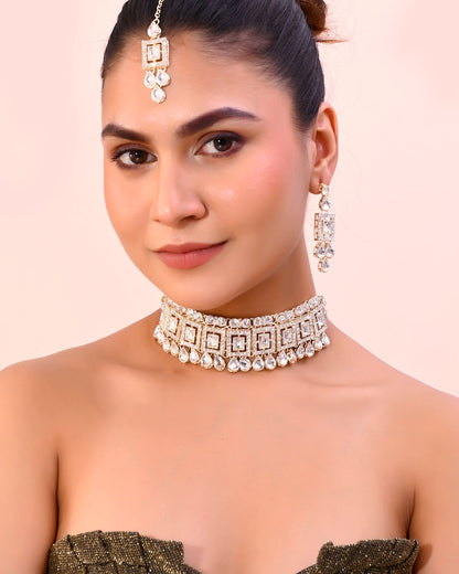 VOJ Silver Plated Stone Studded Designer Necklace With Earrings And Mangtikka