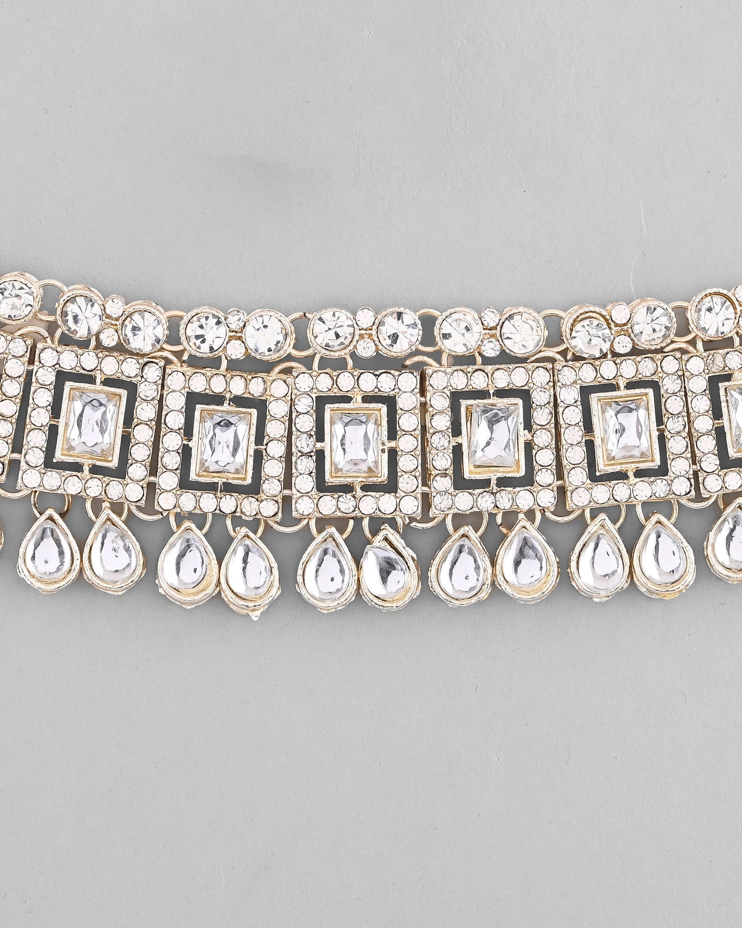 VOJ Silver Plated Stone Studded Designer Necklace With Earrings And Mangtikka