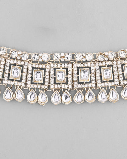 VOJ Silver Plated Stone Studded Designer Necklace With Earrings And Mangtikka