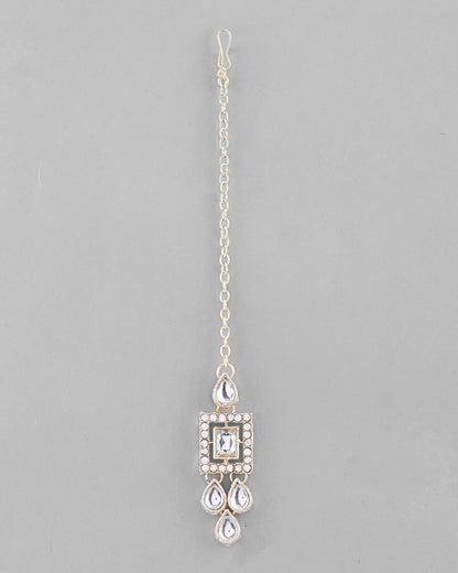 VOJ Silver Plated Stone Studded Designer Necklace With Earrings And Mangtikka
