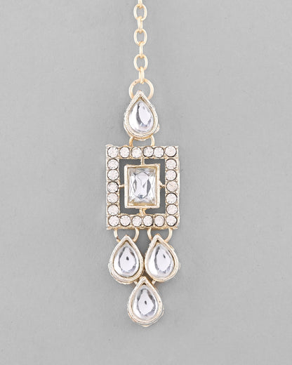 VOJ Silver Plated Stone Studded Designer Necklace With Earrings And Mangtikka