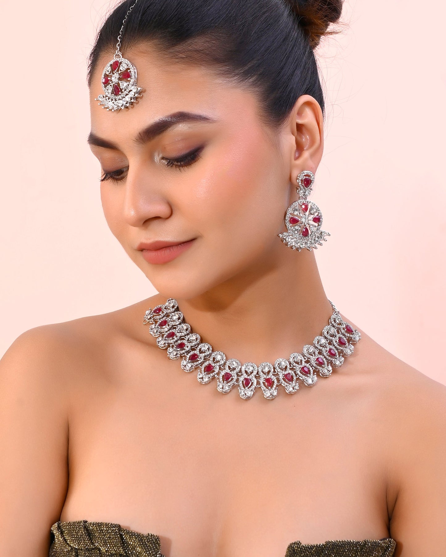 VOJ Silver Plated Pink AD Stone Studded Designer Jewellery Set With Mangtikka
