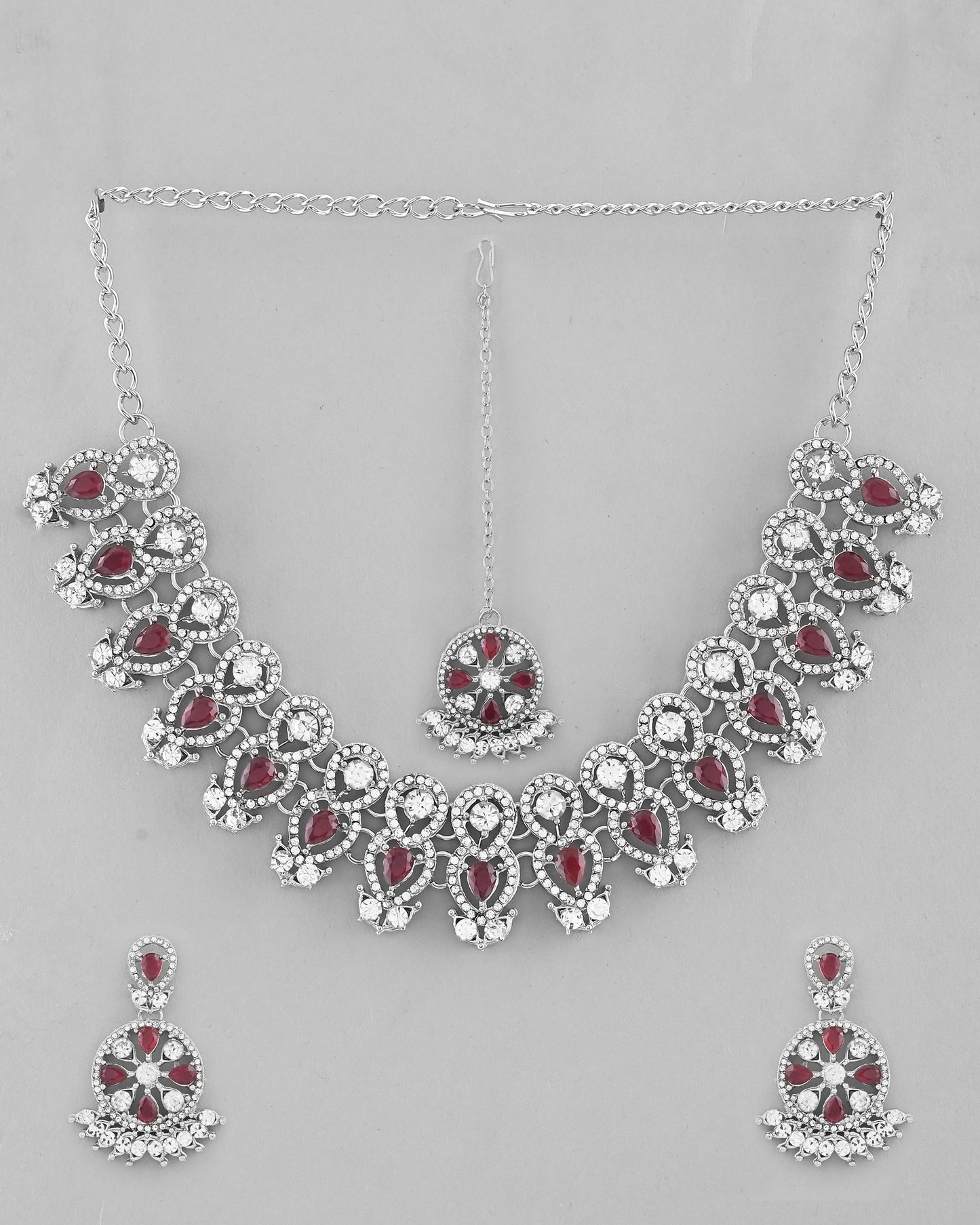 VOJ Silver Plated Pink AD Stone Studded Designer Jewellery Set With Mangtikka